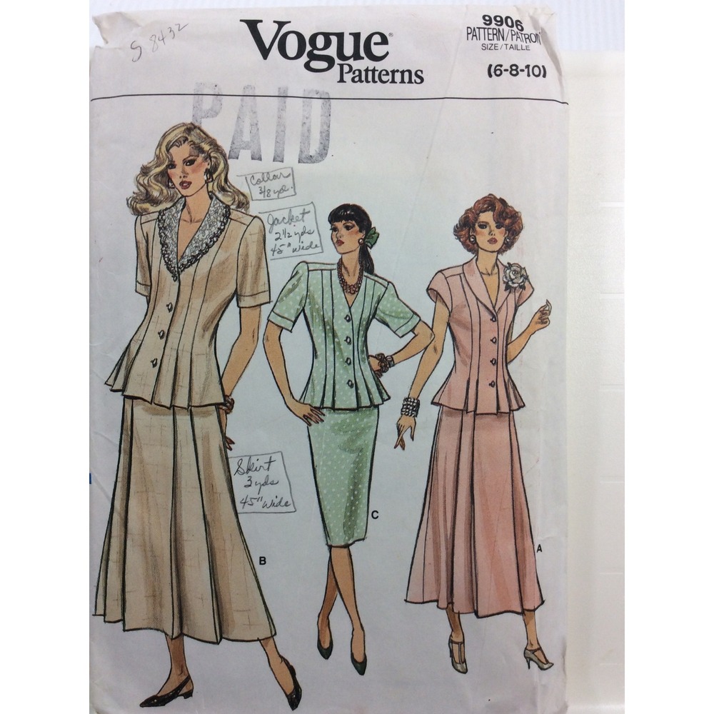 1987 Vogue 9906 Vintage Sewing Pattern Womens Top Skirt Size 6 8 10
